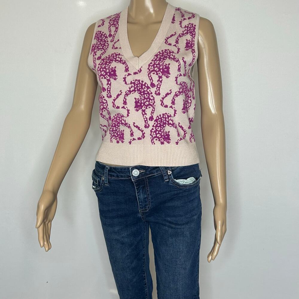 Maeve Anthropologie Small Pink Elephant V-Neck Sweater Vest Cropped